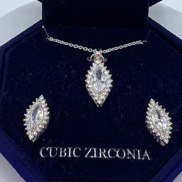 Cubic Zirconia Navette Pendant Necklace & Drop Earrings Set in Fine Silver Plate - Picture 5 of 7